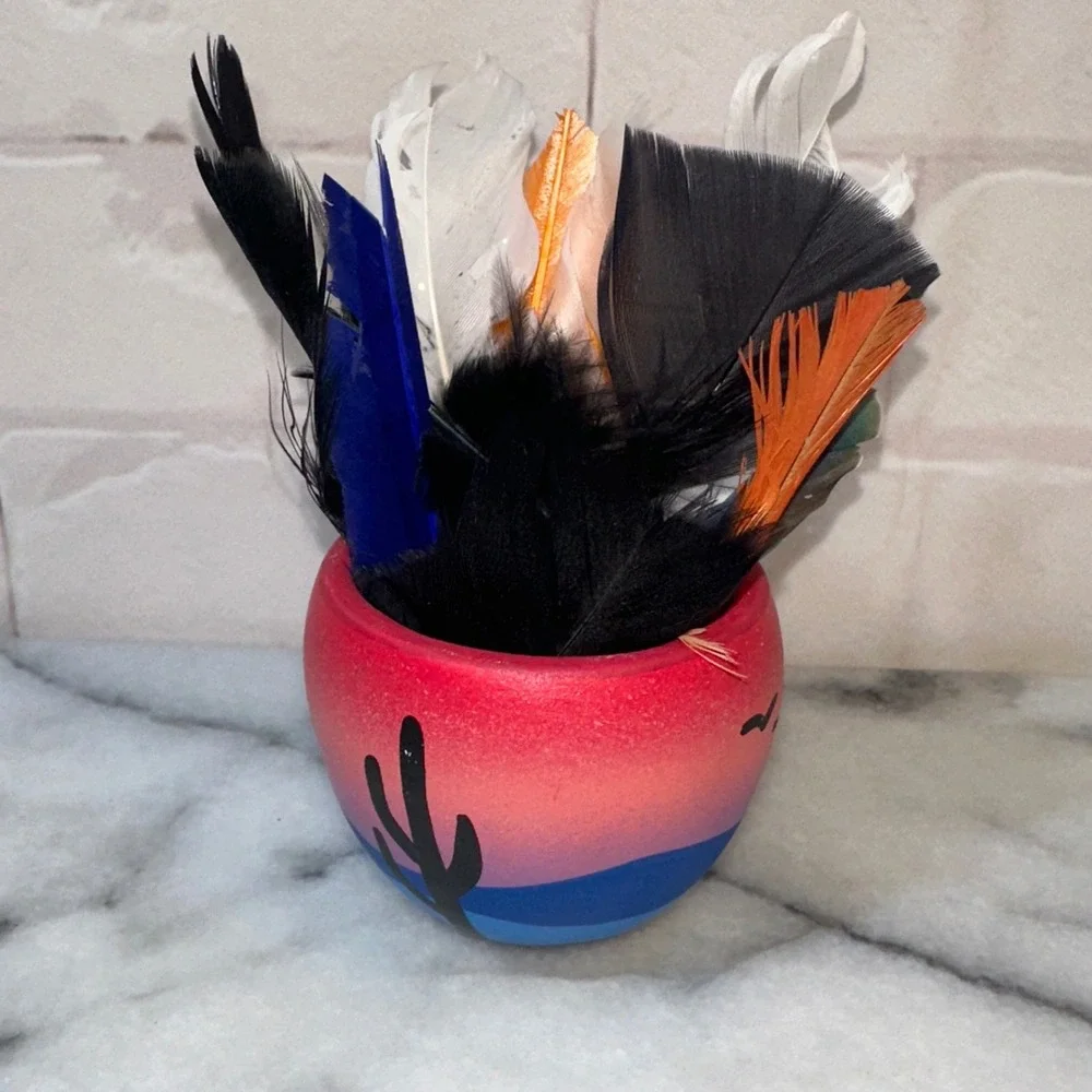Hand Painted Desert Sunset Terracotta Seed Pot with Feathers Saguaro Cactus Art